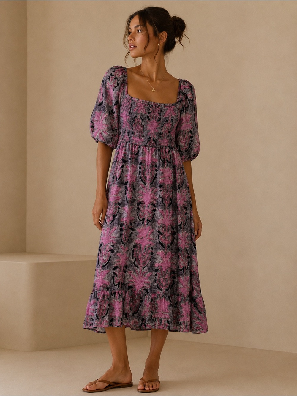 NIC+Zie Square-Neck Pink & Gray Print Puff-Sleeve Midi Cottagecore Dress Large
